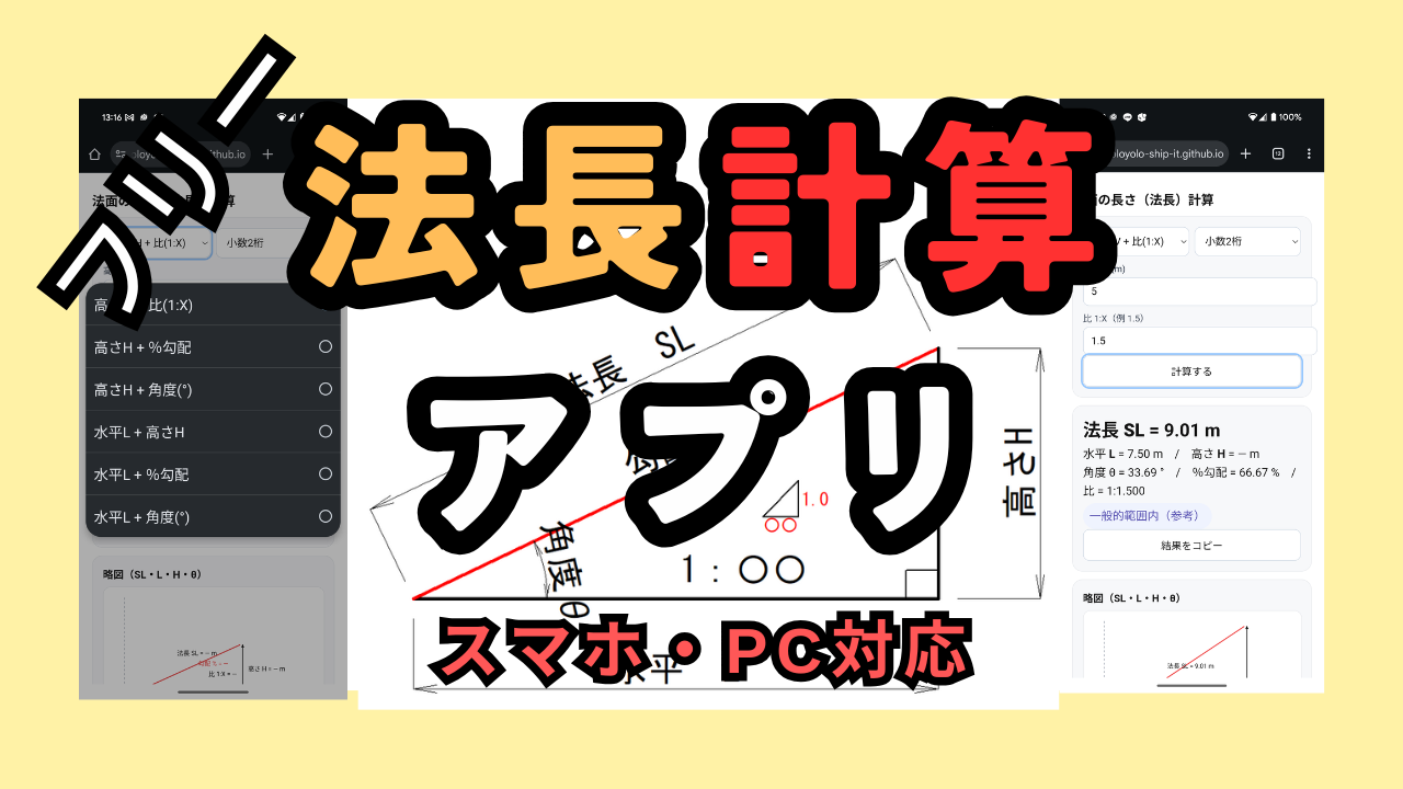 法面計算アプリ】法長SL・勾配・水平L・高さHをスマホで即時計算！
